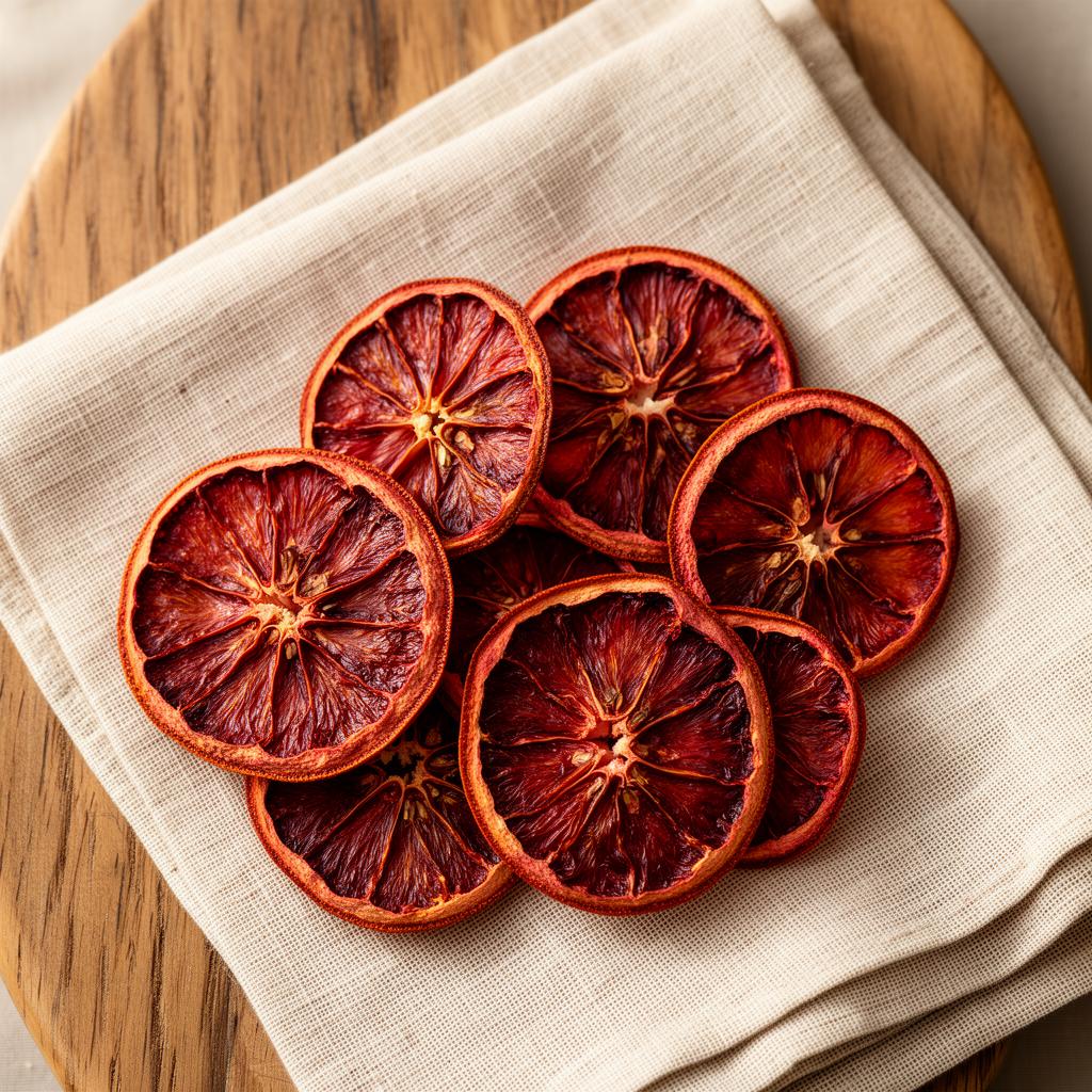 Dehydrated blood orange wheels arranged on linen and oak board