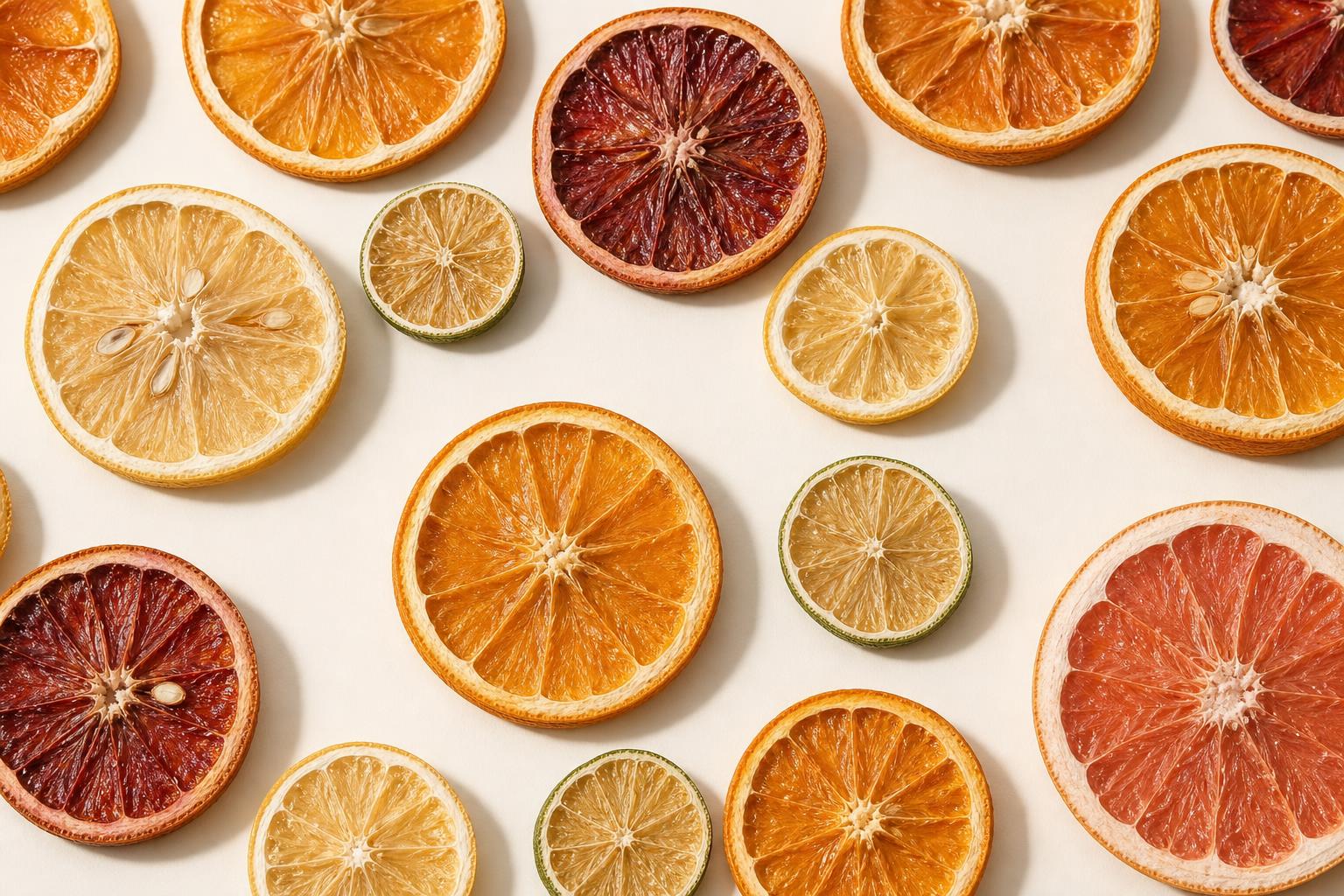Dehydrated citrus wheels arranged in a flat lay