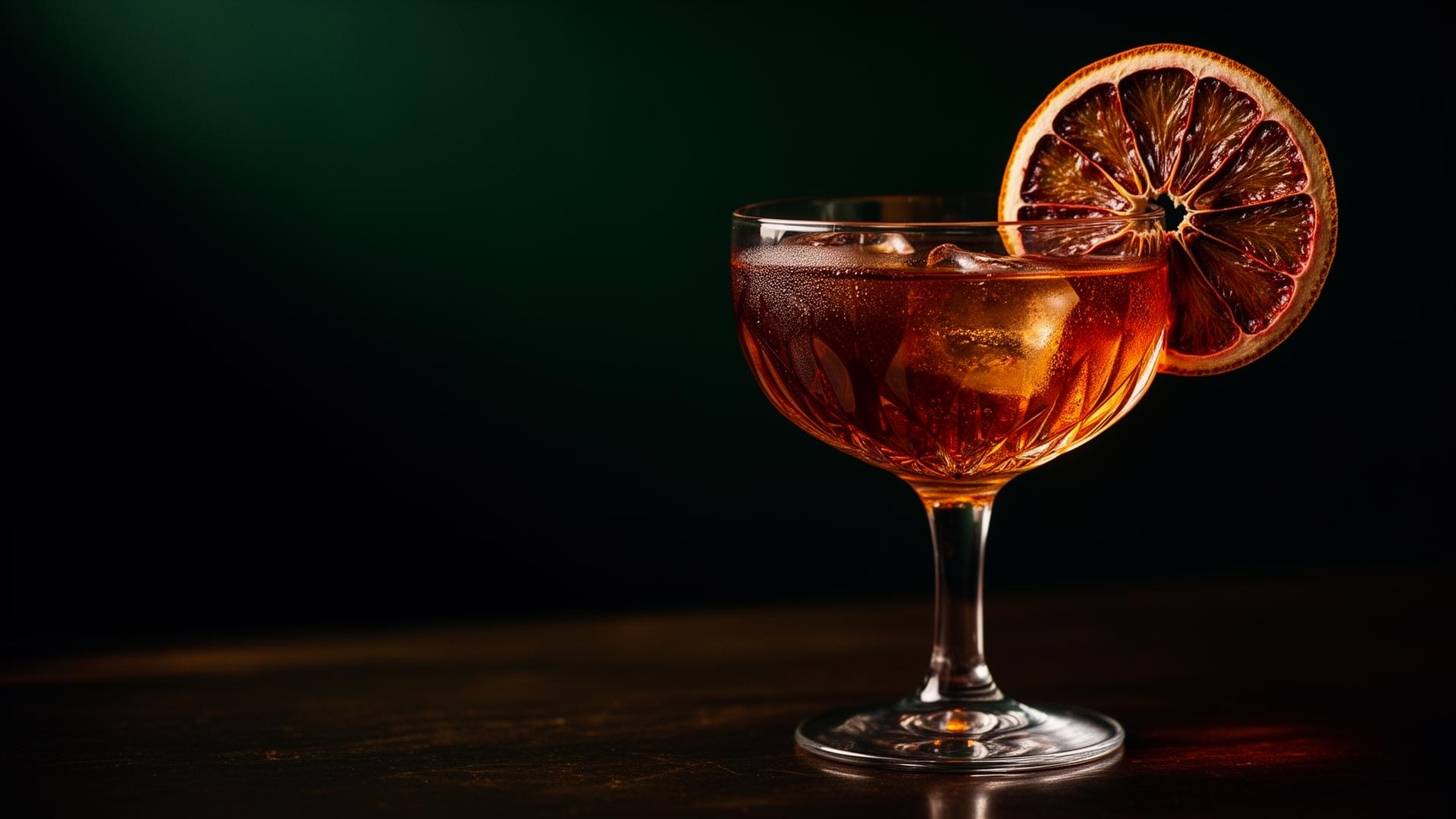 Amber negroni cocktail in a crystal coupe garnished with a dehydrated blood orange wheel.
