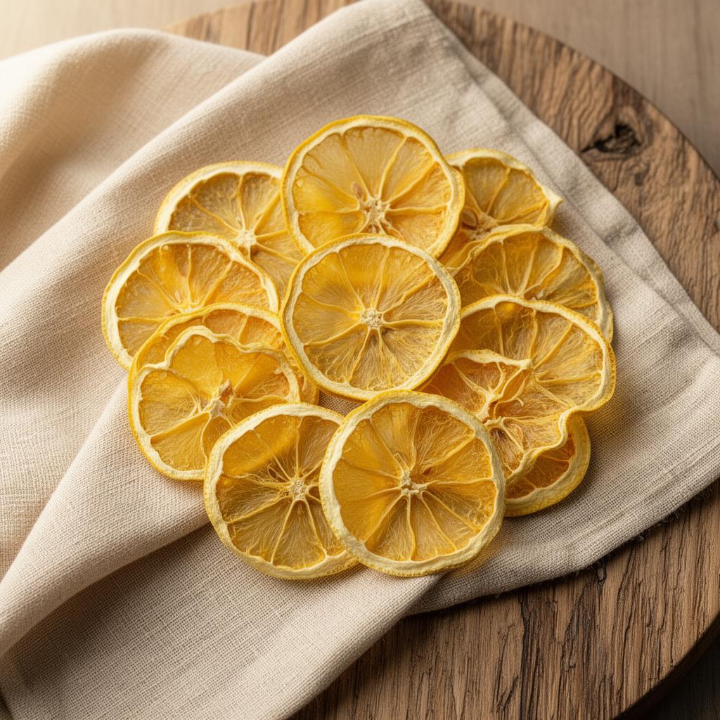 Dehydrated lemon wheels arranged on linen and oak board