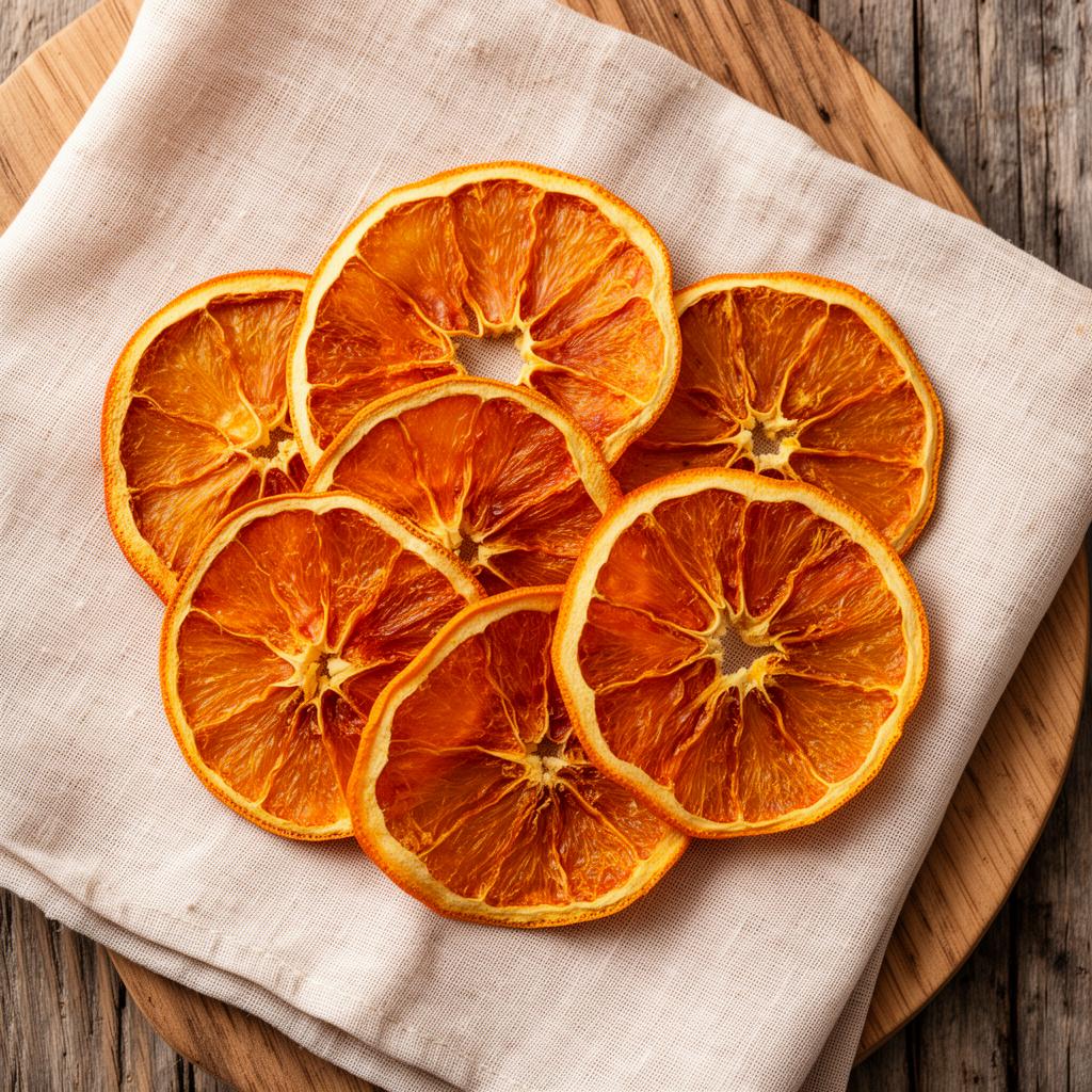Dehydrated orange wheels arranged on linen and oak board